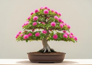 Bonsai de Caliandra em plena floração, com suas vibrantes flores cor-de-rosa em formato de pompom, plantado em um vaso de cerâmica.