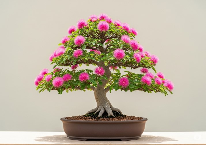 Bonsai de Caliandra em plena floração, com suas vibrantes flores cor-de-rosa em formato de pompom, plantado em um vaso de cerâmica.