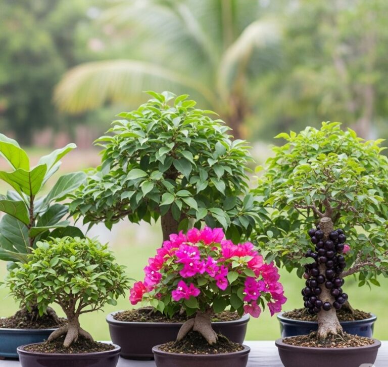 Coleção de bonsais saudáveis de espécies variadas, incluindo um Ficus, uma Bougainvillea com brácteas coloridas e uma Jabuticabeira com frutos no tronco, dispostos em um ambiente que remete a um jardim brasileiro.