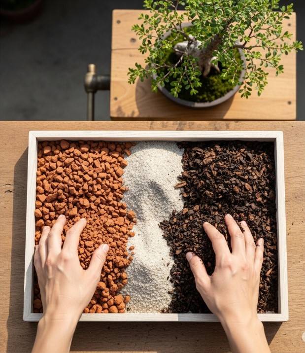 Mãos de um especialista misturando os componentes do substrato para bonsai — caco de telha, areia e matéria orgânica — em uma bandeja de madeira. Ao fundo, um bonsai desfocado.